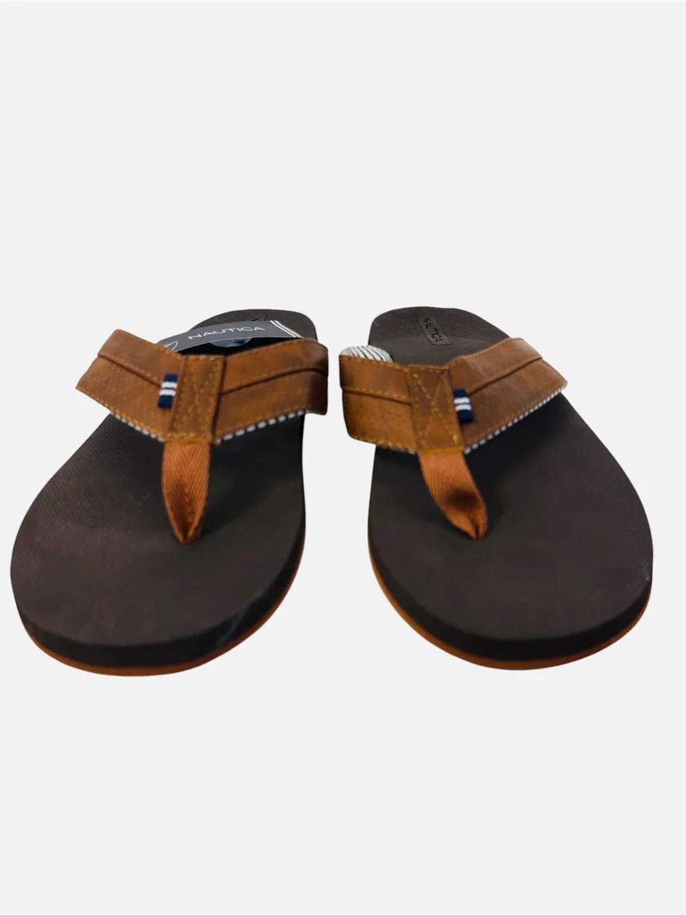 Nautica Clarkson 2 Flip Flop Faux Leather Upper Thong Brown Slip On Mens Sz 10
